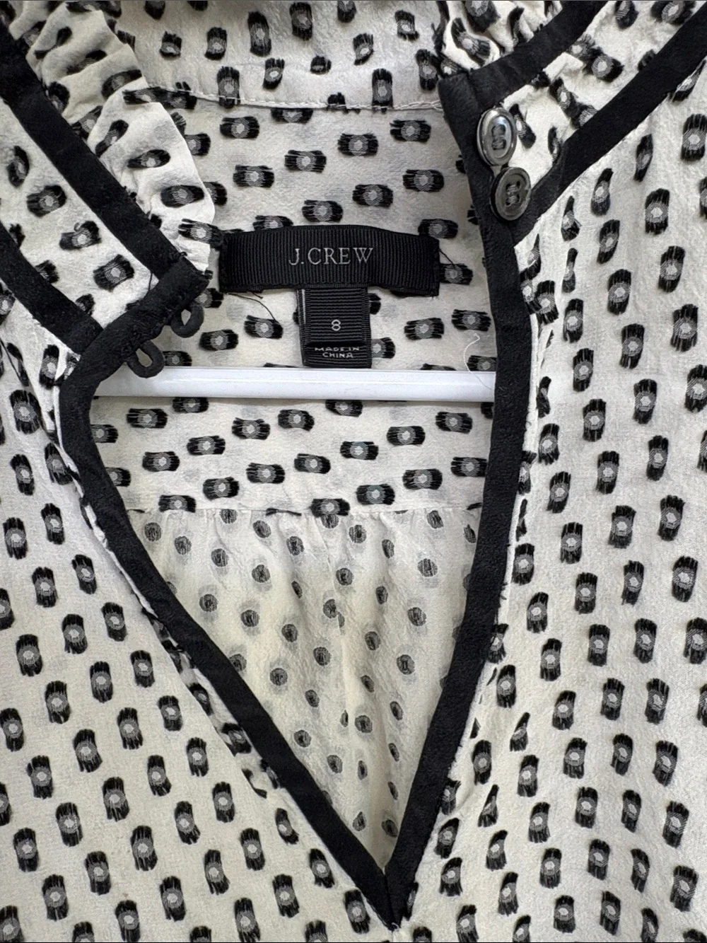 J. Crew Black & Off-White Patterned V-Neck Silk blend Blouse